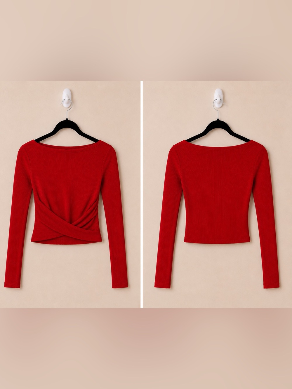 Topshop Red Ribbed Crossover Long Sleeve Top Fitted Wrap Front Shirt